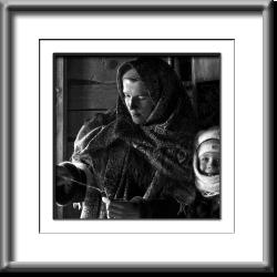 Spinning Wheel, Russia, mother, child, black and white, Kizhi Island